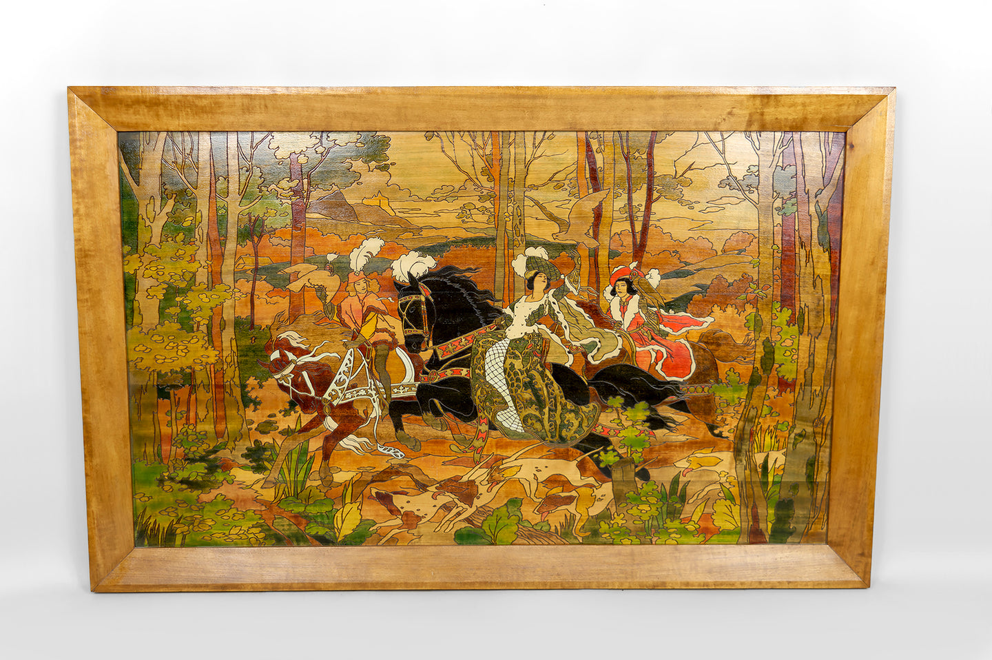 Important Tableau Pyrogravé, Scène de Chasse Médiévale, France, Art Nouveau, Circa 1900