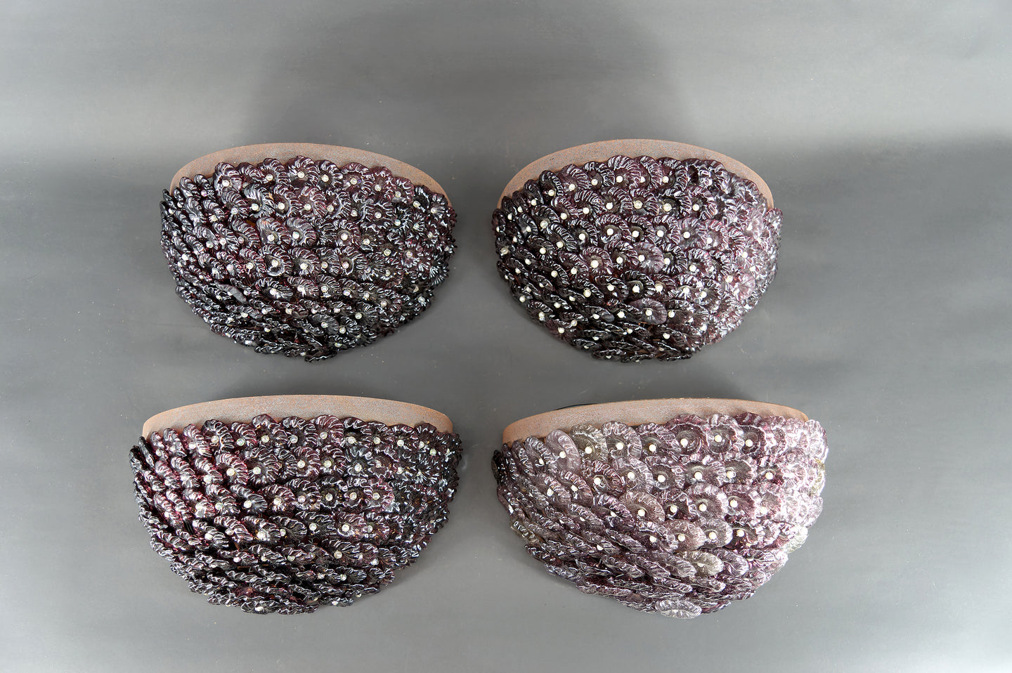 Lot de 4 Appliques en Fer Forgé et Perles de Verre, Murano, Italie, Art Deco, Circa 1930
