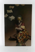 Lade das Bild in den Galerie-Viewer, Peinture surréaliste sur panneau, &quot;Jeune Femme aux livres&quot;, Circa 1970
