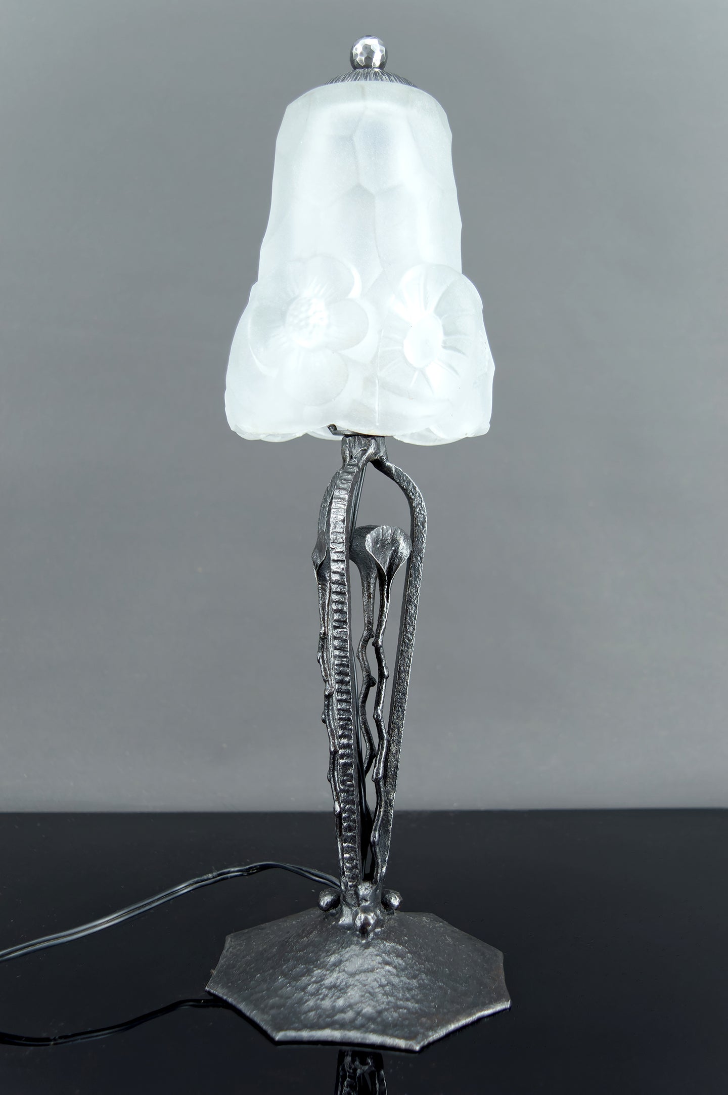 Lampe Art Déco en Fer Forgé, Tulipe Florale signée Degué, France, circa 1930