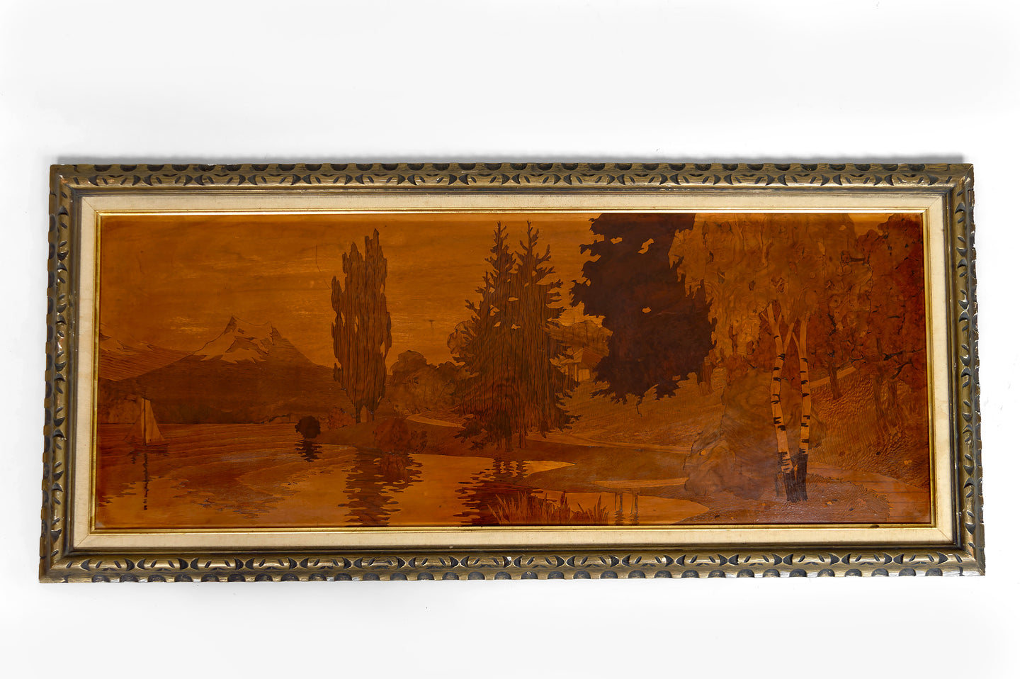 Tableau de Marqueterie, Lac Alpin, Attribué à Pierre Rosenau, Art Nouveau, Début XXe