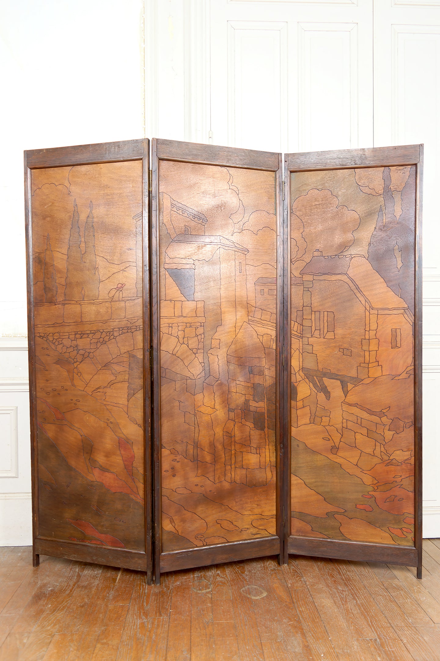 Paravent Pyrogravé, Paysage de Ville Médiévale Méditerranéenne, Art Nouveau / Art Déco, 1930
