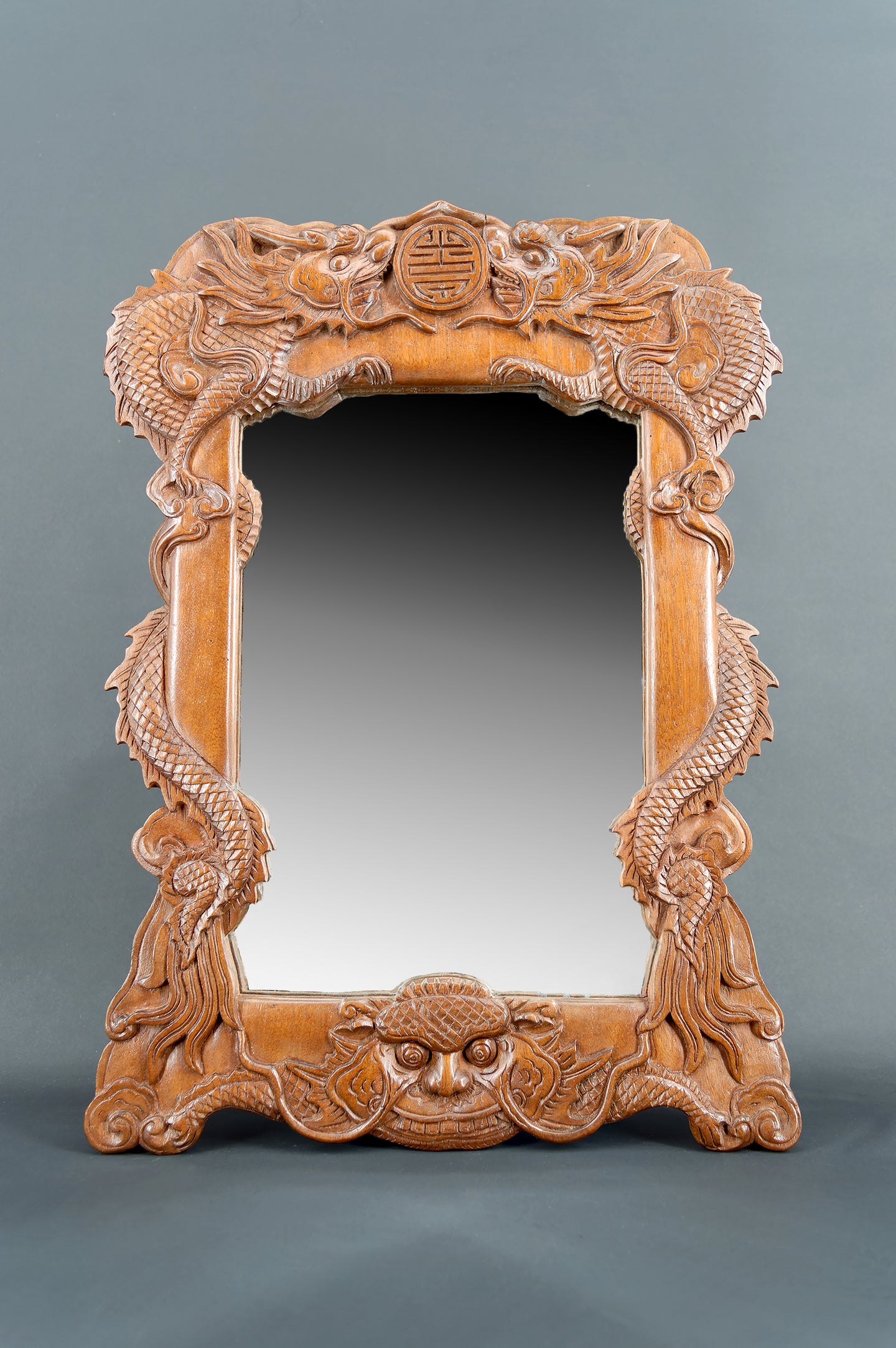 Miroir en Bois Sculpté de Dragons, Indochine, Circa 1900