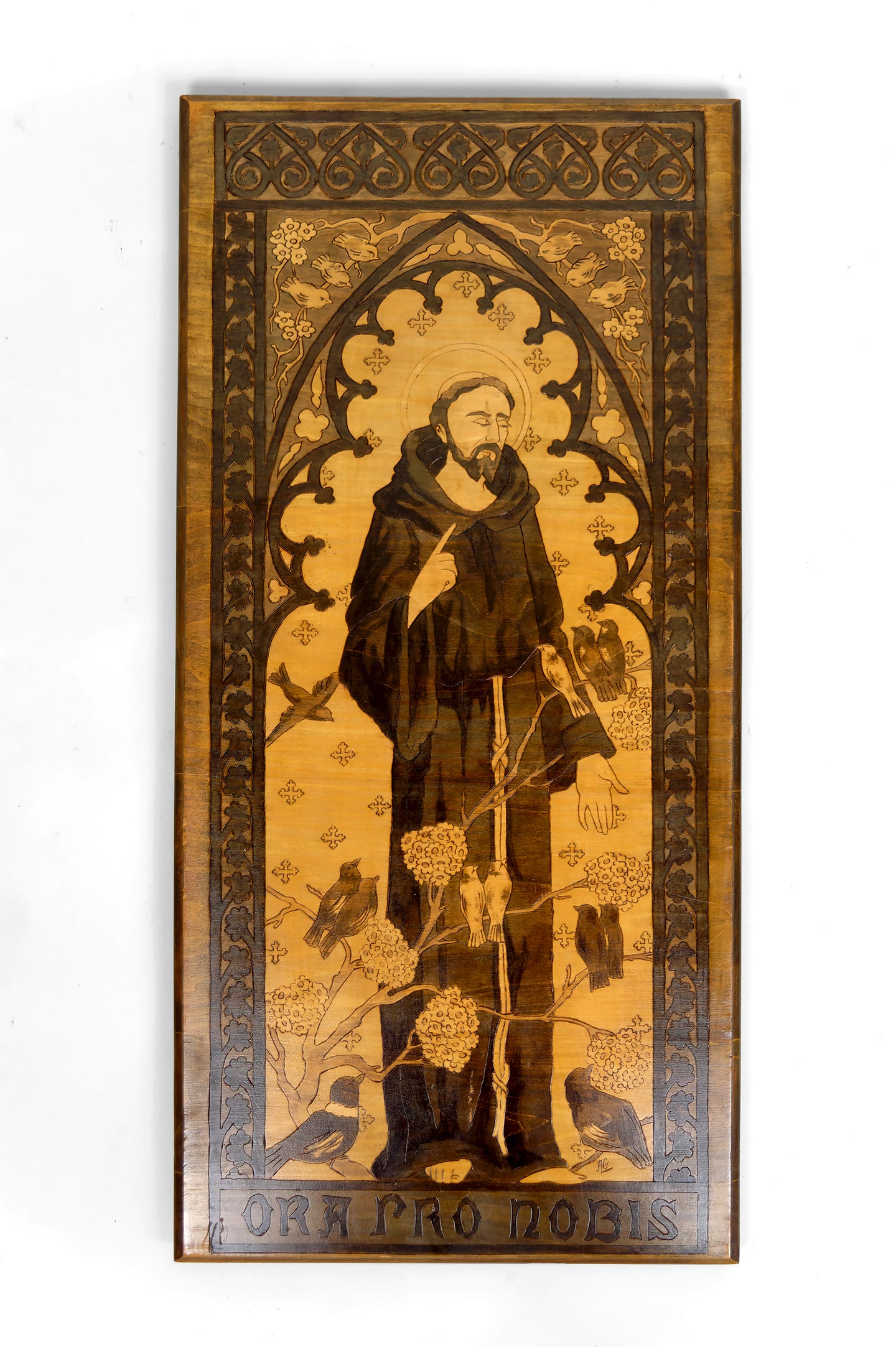 Tableau / Pyrogravure, Thème Religieux: St François Parlant aux Oiseaux, Art Nouveau Gothique, Début XXe