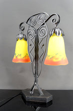 Загрузить изображение в средство просмотра галереи, Importante lampe bicéphale Art Déco en fer forgé – Muller Frères Lunéville, France, vers 1930
