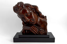 Загрузить изображение в средство просмотра галереи, Sculpture en bois sur socle– Buste de femme à la rose, Art Déco, vers 1930
