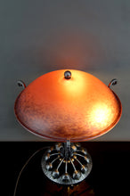 Charger l&#39;image dans la galerie, Importante Lampe à Monture Végétale Stylisée en Fer Forgé  et Dôme en Pate de Verre Marmoréenne Rouge Orangé, Art Deco, France, Circa 1930
