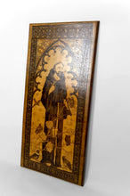 Charger l&#39;image dans la galerie, Tableau / Pyrogravure, Thème Religieux: St François Parlant aux Oiseaux, Art Nouveau Gothique, Début XXe
