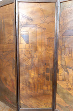 Cargar imagen en el visor de la galería, Paravent Pyrogravé, Paysage de Ville Médiévale Méditerranéenne, Art Nouveau / Art Déco, 1930
