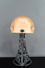 Charger l&#39;image dans la galerie, Importante Lampe Art Déco en Fer Forgé à Motifs de Papillons et Dôme Floral en Verre Pressé, Par Bartelemie, France, Circa 1925

