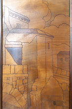 Cargar imagen en el visor de la galería, Paravent Pyrogravé, Paysage de Ville Médiévale Méditerranéenne, Art Nouveau / Art Déco, 1930
