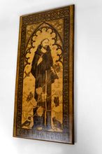 Charger l&#39;image dans la galerie, Tableau / Pyrogravure, Thème Religieux: St François Parlant aux Oiseaux, Art Nouveau Gothique, Début XXe
