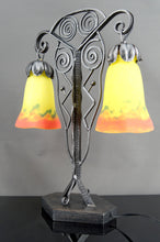 Загрузить изображение в средство просмотра галереи, Importante lampe bicéphale Art Déco en fer forgé – Muller Frères Lunéville, France, vers 1930
