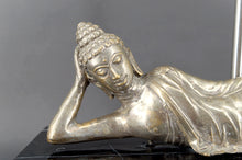 Charger l&#39;image dans la galerie, Importante Lampe Bouddha en Bronze Argenté sur Socle de Marbre Noir Ex-Indochine Française, Circa 1930–1940
