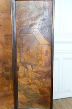 Cargar imagen en el visor de la galería, Paravent Pyrogravé, Paysage de Ville Médiévale Méditerranéenne, Art Nouveau / Art Déco, 1930
