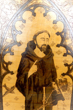 Charger l&#39;image dans la galerie, Tableau / Pyrogravure, Thème Religieux: St François Parlant aux Oiseaux, Art Nouveau Gothique, Début XXe
