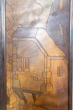 Cargar imagen en el visor de la galería, Paravent Pyrogravé, Paysage de Ville Médiévale Méditerranéenne, Art Nouveau / Art Déco, 1930
