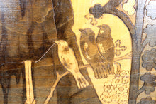Charger l&#39;image dans la galerie, Tableau / Pyrogravure, Thème Religieux: St François Parlant aux Oiseaux, Art Nouveau Gothique, Début XXe
