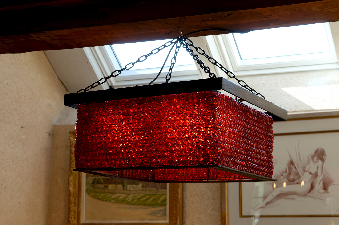 Important Lustre en Perles de Verre Rouge, Murano, Italie, Brutalisme, Circa 1970
