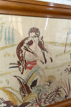 将图片加载到图库查看器，Exceptionnelle paire d'importantes tapisseries brodées Art Déco à décor de chasse primitive mythifiée, France, Vers 1930
