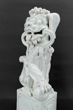 Lade das Bild in den Galerie-Viewer, Paire d&#39;Importants Lions Gardiens / Chiens Fo / Shizi, Céramique à émail blanc craquelé, Chine, Dynastie Qing, XIXe

