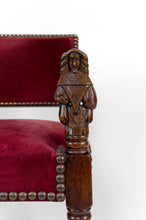 Charger l&#39;image dans la galerie, Fauteuil de style Louis XIII / Haute Epoque aux femmes sculptées sur les accotoirs
