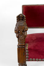 Cargar imagen en el visor de la galería, Fauteuil de style Louis XIII / Haute Epoque aux femmes sculptées sur les accotoirs
