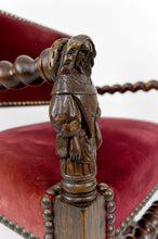 Charger l&#39;image dans la galerie, Fauteuil de style Louis XIII / Haute Epoque aux femmes sculptées sur les accotoirs
