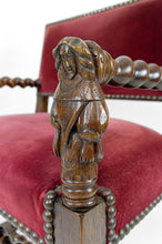 Load image into Gallery viewer, Fauteuil de style Louis XIII / Haute Epoque aux femmes sculptées sur les accotoirs
