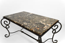 Charger l&#39;image dans la galerie, Table basse en fer forgé patiné et marbre, circa 1940

