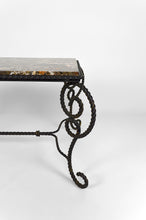 Charger l&#39;image dans la galerie, Table basse en fer forgé patiné et marbre, circa 1940
