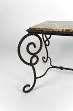 Загрузить изображение в средство просмотра галереи, Table basse en fer forgé patiné et marbre, circa 1940
