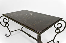 Загрузить изображение в средство просмотра галереи, Table basse en fer forgé patiné et marbre noir, circa 1940

