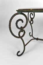 Charger l&#39;image dans la galerie, Table basse en fer forgé patiné et marbre noir, circa 1940
