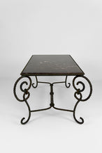 Charger l&#39;image dans la galerie, Table basse en fer forgé patiné et marbre noir, circa 1940
