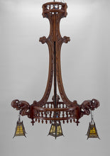 Lade das Bild in den Galerie-Viewer, Lustre néo gothique sculpté aux bouffons et lanternes, France, circa 1900
