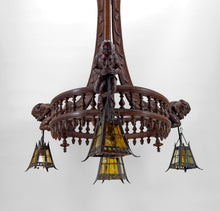 Load image into Gallery viewer, Lustre néo gothique sculpté aux bouffons et lanternes, France, circa 1900
