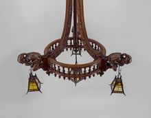 Load image into Gallery viewer, Lustre néo gothique sculpté aux bouffons et lanternes, France, circa 1900
