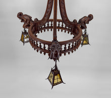 Cargar imagen en el visor de la galería, Lustre néo gothique sculpté aux bouffons et lanternes, France, circa 1900
